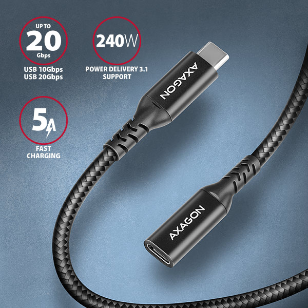 AXAGON BUCM32-CF15AB predlžovací kábel USB-C (M) <-> USB-C (F),  1.5m,  USB 20Gbps,  PD 240W 5A,  8K HD,  ALU,  oplet,  čierny1 