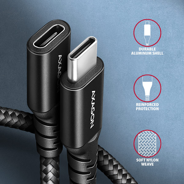 AXAGON BUCM32-CF15AB predlžovací kábel USB-C (M) <-> USB-C (F),  1.5m,  USB 20Gbps,  PD 240W 5A,  8K HD,  ALU,  oplet,  čierny2 