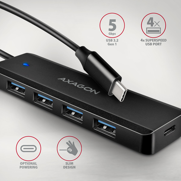 AXAGON HUE-C1C,  4x USB 5Gbps TRAVEL hub,  USB-C napájací konektor,  kábel USB-C 19 cm4 
