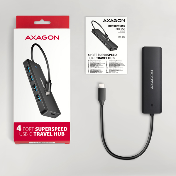 AXAGON HUE-C1C,  4x USB 5Gbps TRAVEL hub,  USB-C napájací konektor,  kábel USB-C 19 cm3 