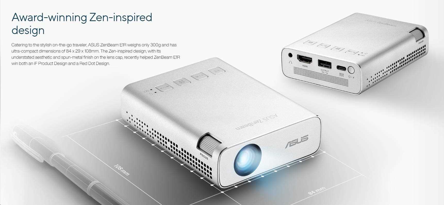 ASUS PROJEKTOR LED E1R ZenBeam,  200lum. LED 854x480 automatic portrait projection mode,  battery 4h,  USB-A HDMI1 