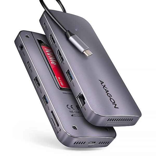 AXAGON HMC-12GM2,  USB 10Gbps hub,  3x USB-A,  USB-C,   HDMI,  DP,  RJ-45 GLAN,  M.2,  SD/ mSD,  audio,  PD 100W,  kábel USB-C 50cm0 