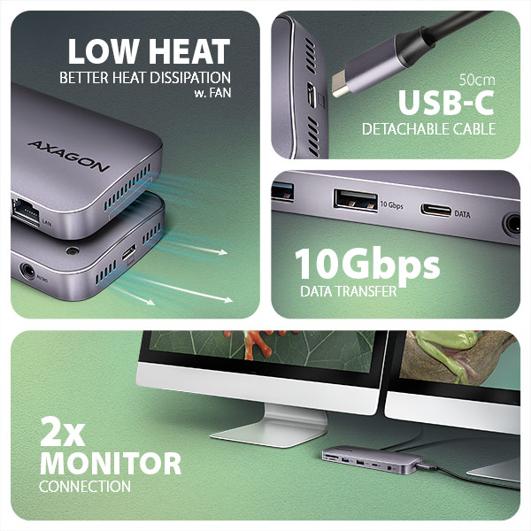 AXAGON HMC-12GM2,  USB 10Gbps hub,  3x USB-A,  USB-C,   HDMI,  DP,  RJ-45 GLAN,  M.2,  SD/ mSD,  audio,  PD 100W,  kábel USB-C 50cm4 