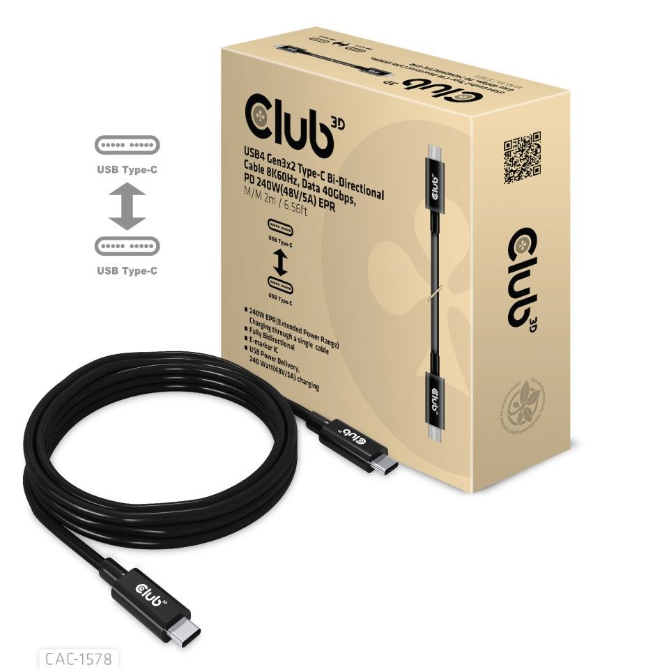 Club3D Kabel USB4 Gen3x2 Type-C Oboustranný kabel 8K60Hz,  Data 40 Gbps,  PD 240W(48V/ 5A) EPR M/ M 2m0 