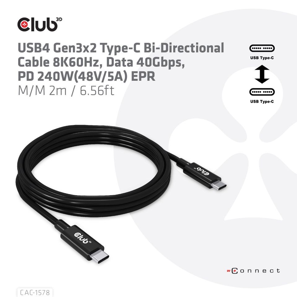Club3D Kabel USB4 Gen3x2 Type-C Oboustranný kabel 8K60Hz,  Data 40 Gbps,  PD 240W(48V/ 5A) EPR M/ M 2m1 