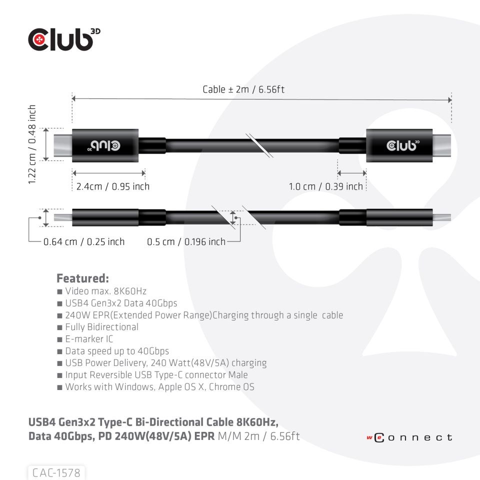 Club3D Kabel USB4 Gen3x2 Type-C Oboustranný kabel 8K60Hz,  Data 40 Gbps,  PD 240W(48V/ 5A) EPR M/ M 2m2 