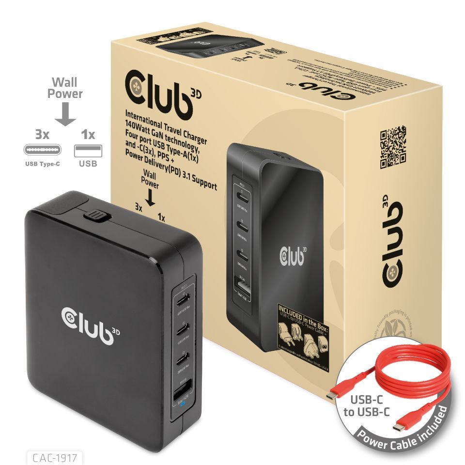 Club3D cestovní nabíječka 140W GaN technologie,  3xUSB-C,  1xUSB-A,  PPS + PD 3.1 Support0 