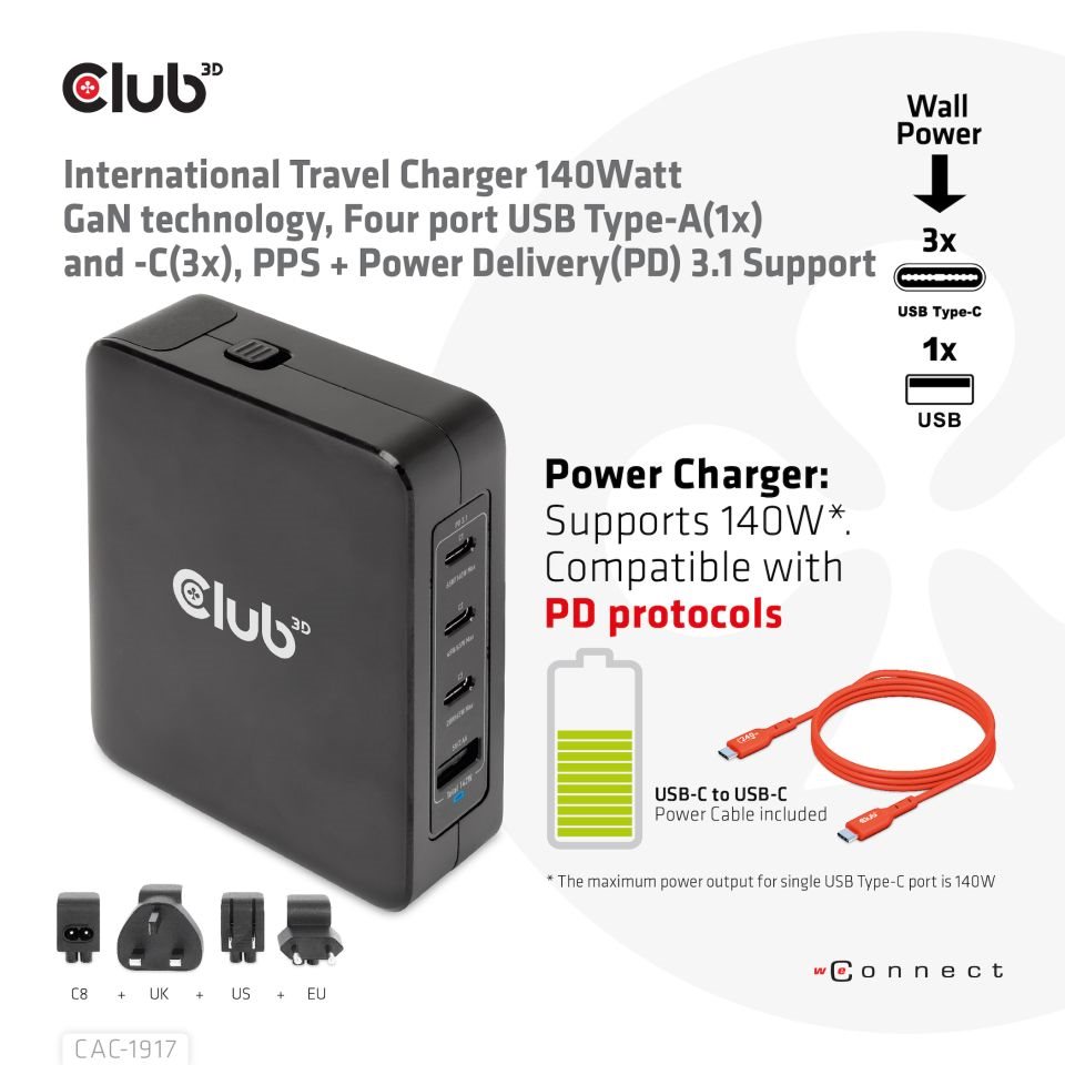 Club3D cestovní nabíječka 140W GaN technologie,  3xUSB-C,  1xUSB-A,  PPS + PD 3.1 Support4 