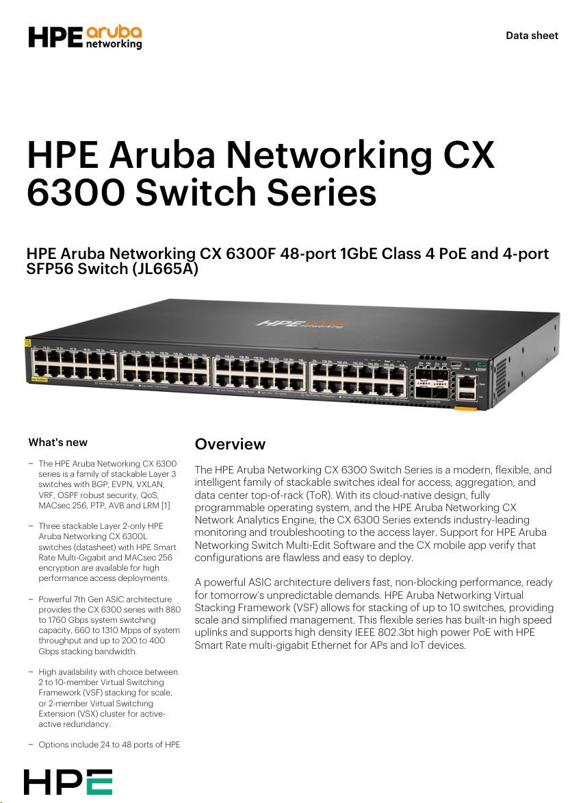HPE Aruba Networking CX 6300F 48-port 1GbE Class 4 PoE and 4-port SFP56 Switch JL665A RENEW2 