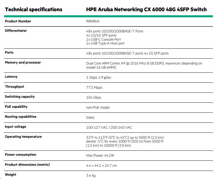 HPE Aruba Networking CX 6000 48G 4SFP Switch R8N86AR RENEW6 