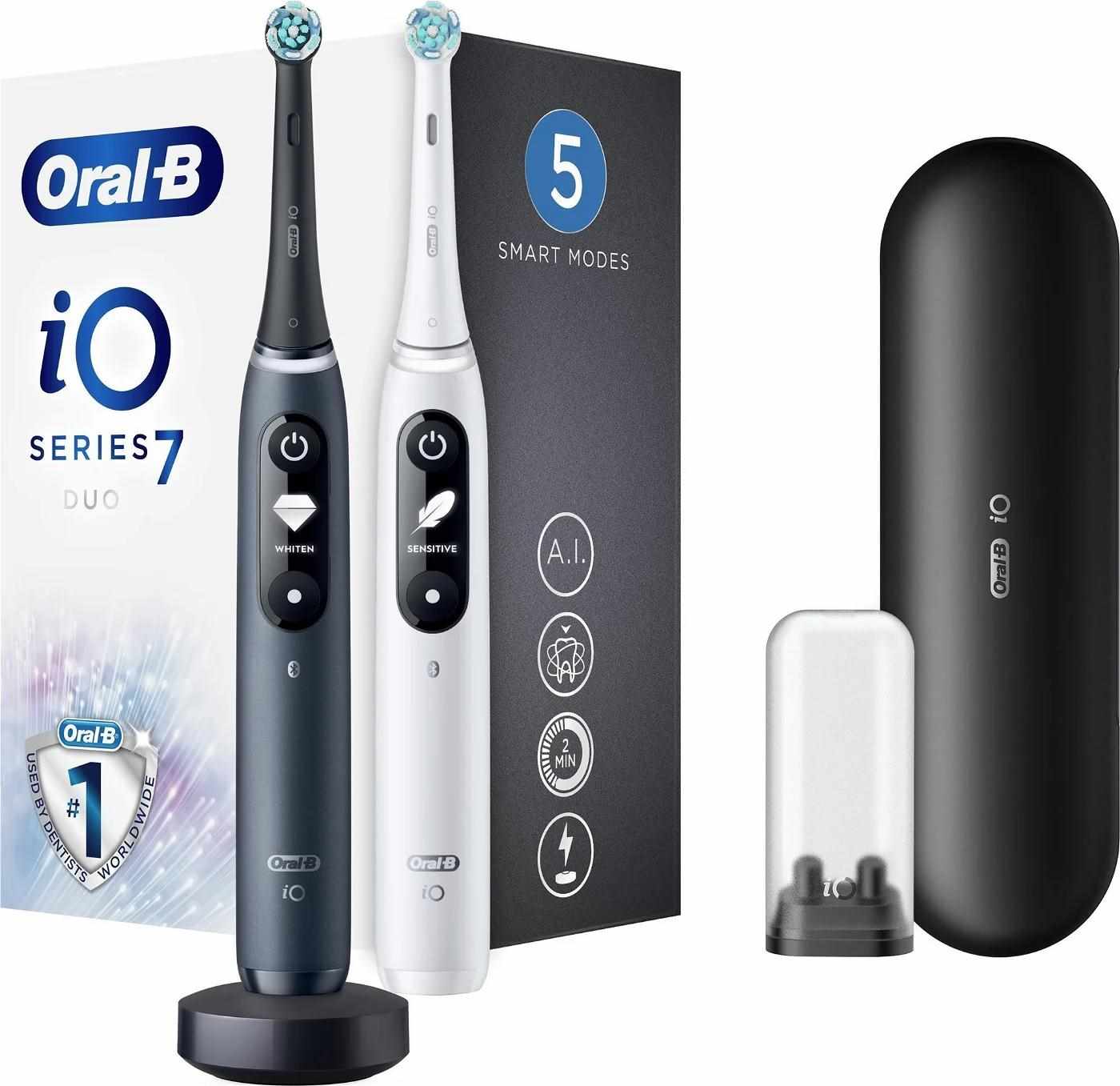 Oral-B iO Series 7 Duo Black Onyx & White Alabaster set elektrických zubních kartáčků,  5 režimů,  AI,  časovač4 