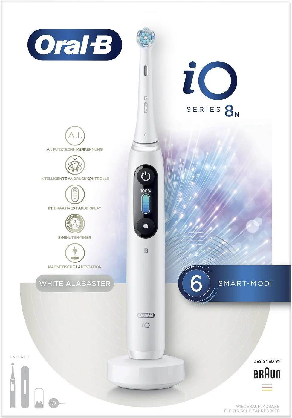 Oral-B iO Series 8 White Alabaster elektrický zubní kartáček,  magnetický,  6 režimů,  časovač,  tlakový senzor,  pouzdro0 