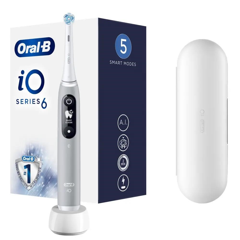 Oral-B iO Series 6 Grey Opal elektrický zubní kartáček,  magnetický,  5 režimů,  tlakový senzor,  AI,  pouzdro0 