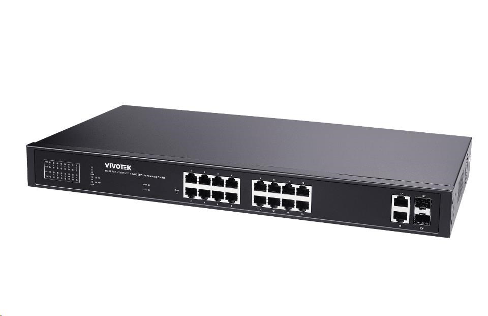 VIVOTEK 16xGE PoE(802.3af/at/bt, PoE budget 260W), 2xGbE RJ-45, 2xSFP 100M/1G slot, extend-mode až 250m(PoE@10Mbps), VLA0 