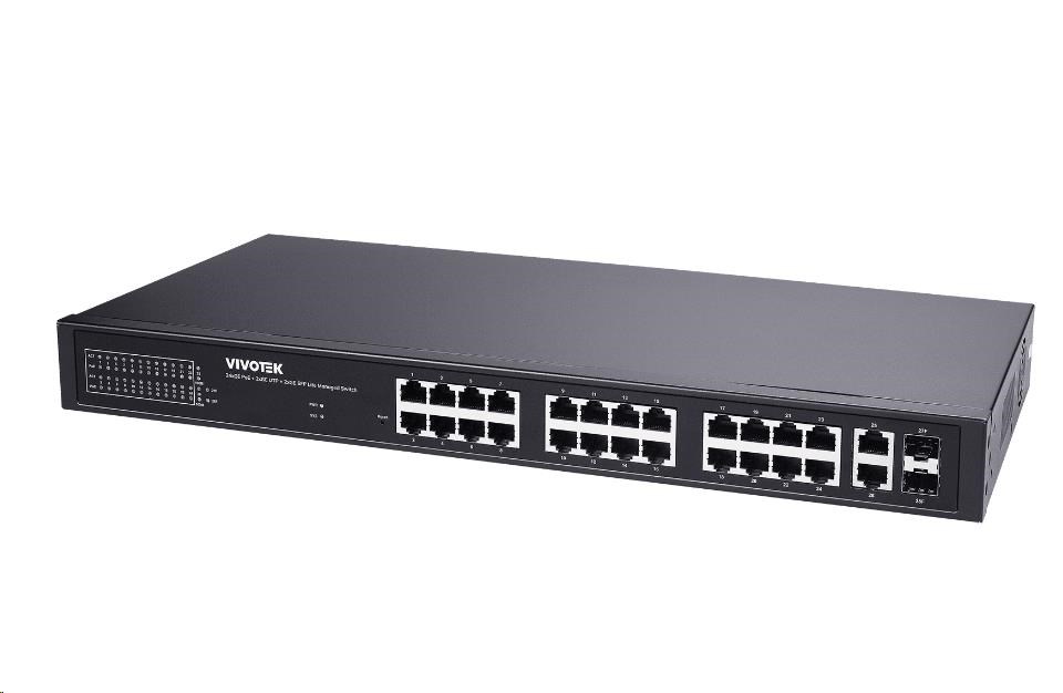 VIVOTEK 24xGE PoE(802.3af/at/bt, PoE budget 380W), 2xGbE RJ-45, 4xSFP 100M/1G slot, extend-mode až 250m(PoE@10Mbps), VLA0 
