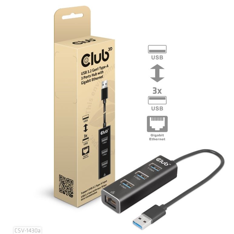 Club3D Rozbočovač,  USB-A 3.2 Gen1 na 3x USB 3.1,  Gigabit Ethernet0 
