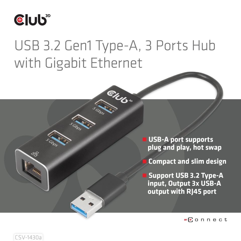 Club3D Rozbočovač,  USB-A 3.2 Gen1 na 3x USB 3.1,  Gigabit Ethernet1 