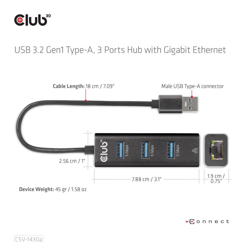 Club3D Rozbočovač,  USB-A 3.2 Gen1 na 3x USB 3.1,  Gigabit Ethernet3 