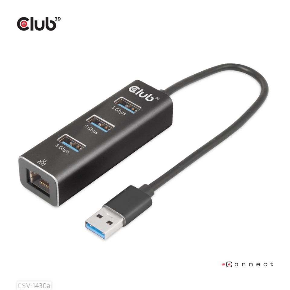 Club3D Rozbočovač,  USB-A 3.2 Gen1 na 3x USB 3.1,  Gigabit Ethernet4 