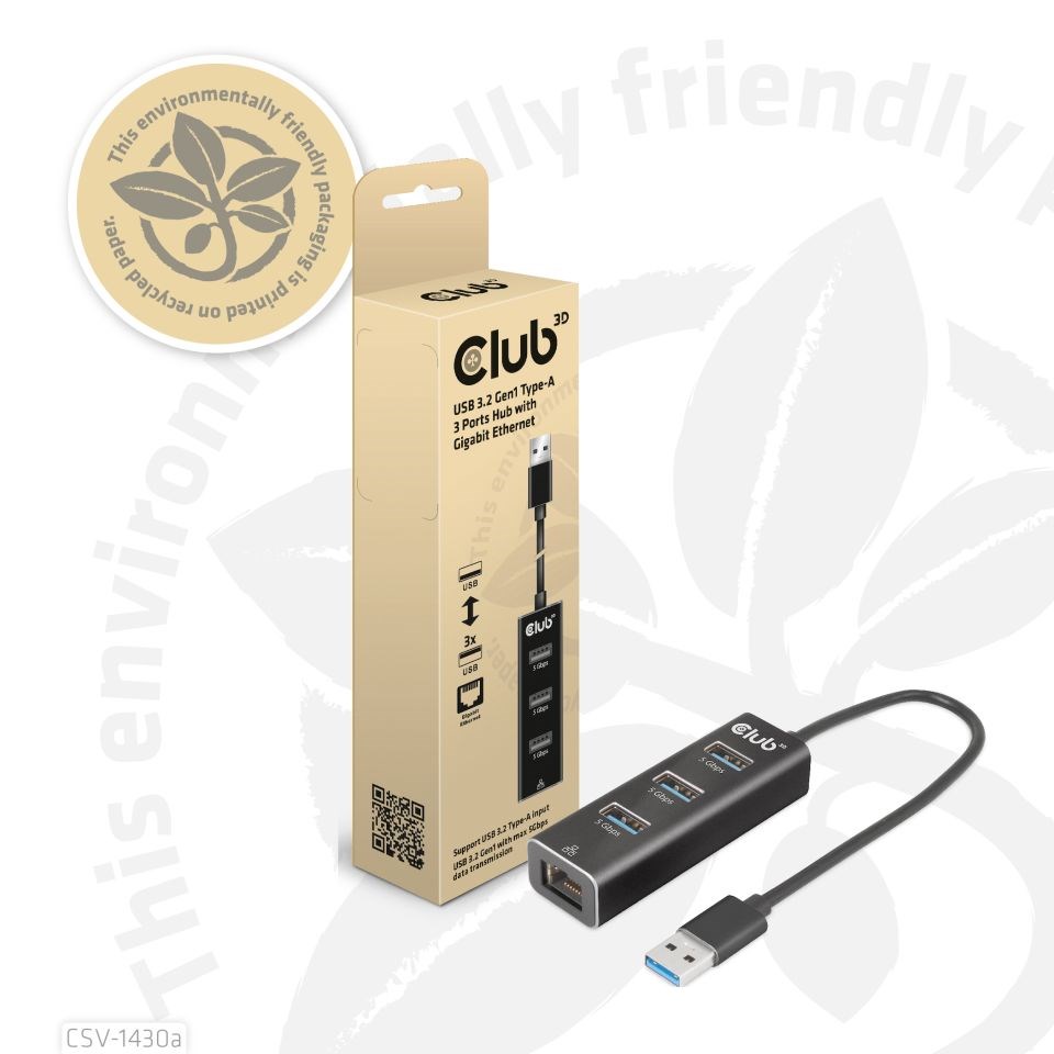 Club3D Rozbočovač,  USB-A 3.2 Gen1 na 3x USB 3.1,  Gigabit Ethernet5 