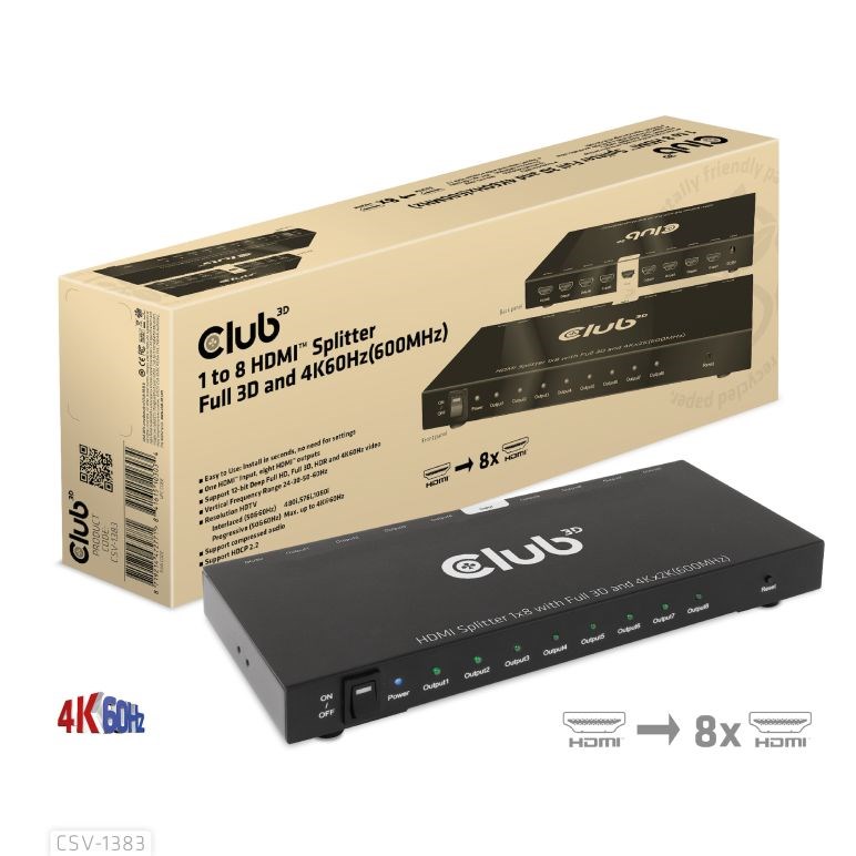Club3D Video splitter 1:8 HDMI 2.0 4K60Hz UHD (600Mhz),  8 portů1 