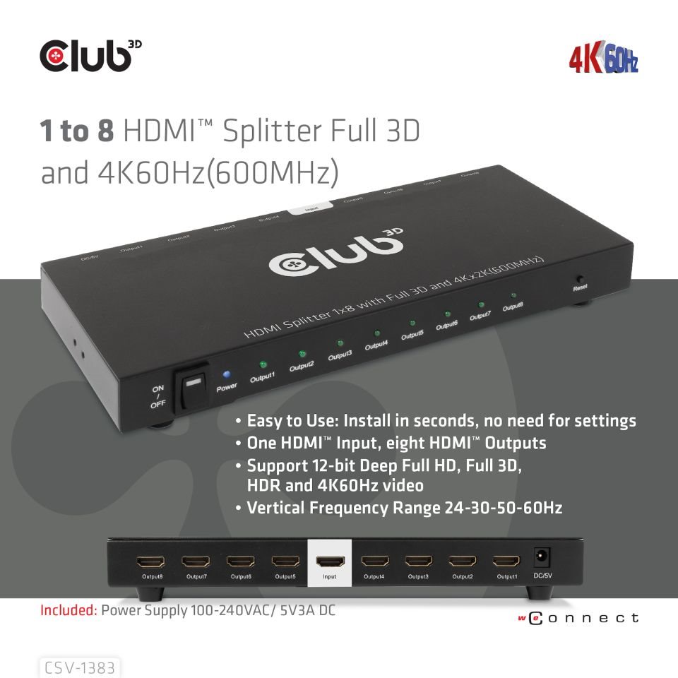Club3D Video splitter 1:8 HDMI 2.0 4K60Hz UHD (600Mhz),  8 portů2 