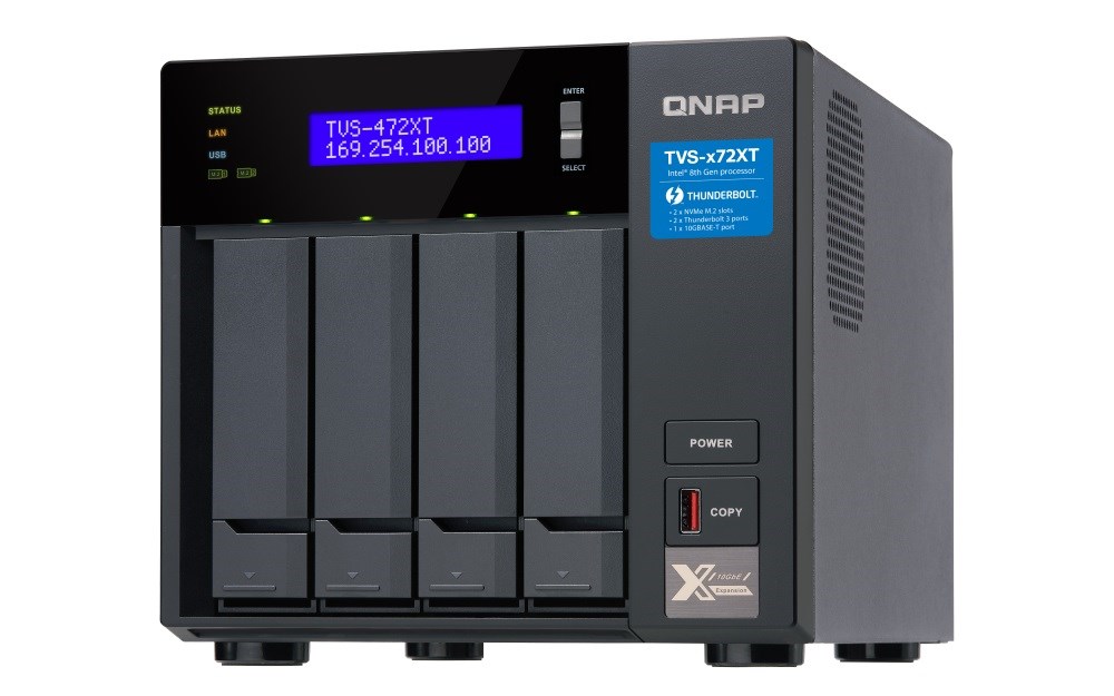 QNAP TVS-472XT-i3-4G (4C/ i3/ 4GBRAM/ 4xSATA/ 2xM.2/ 2xGbE/ 1x10GbE/ 5xUSB3.2/ 1xHDMI/ 2xTB3/ 2xPCIe)0 