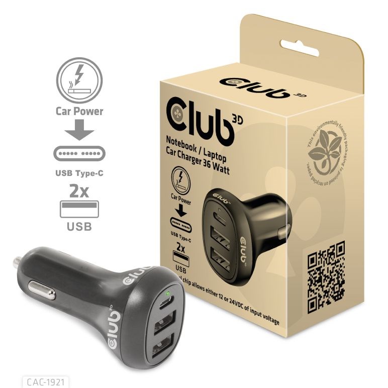 Club3D Auto nabíječka pro Notebooky 36W,  3 porty (2xUSB-A + USB-C)0 