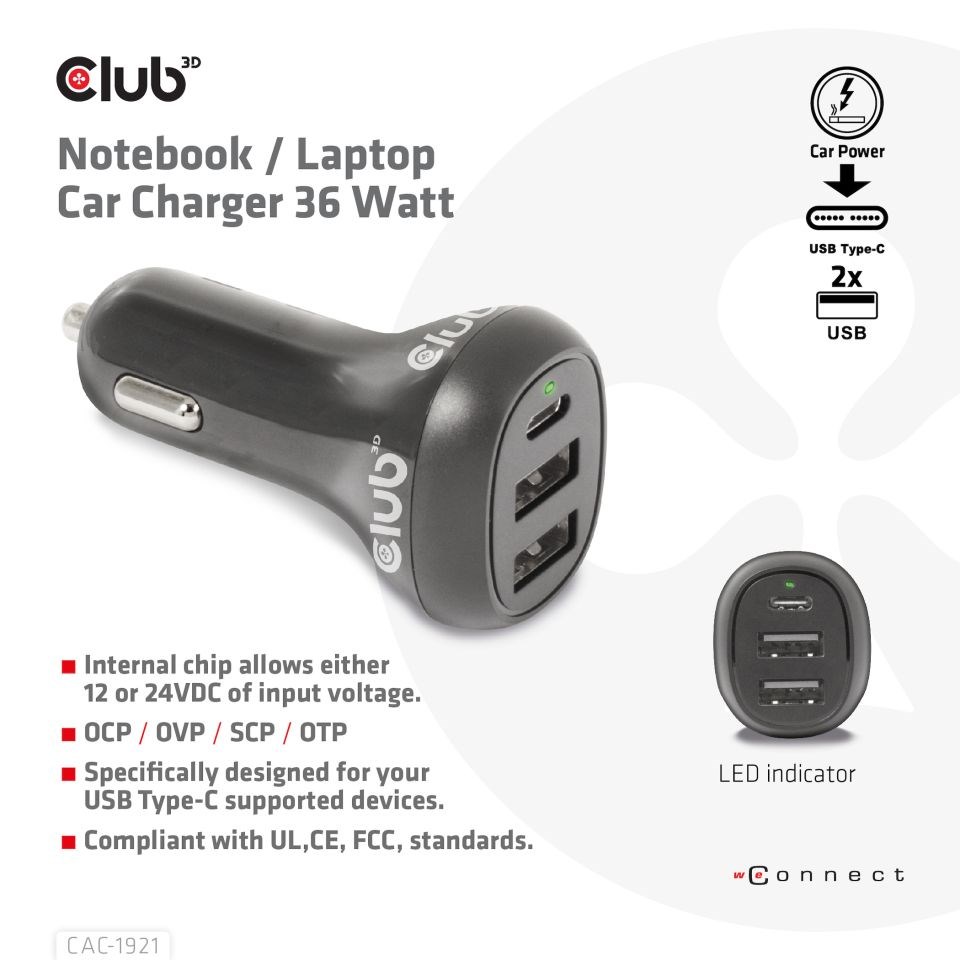 Club3D Auto nabíječka pro Notebooky 36W,  3 porty (2xUSB-A + USB-C)1 