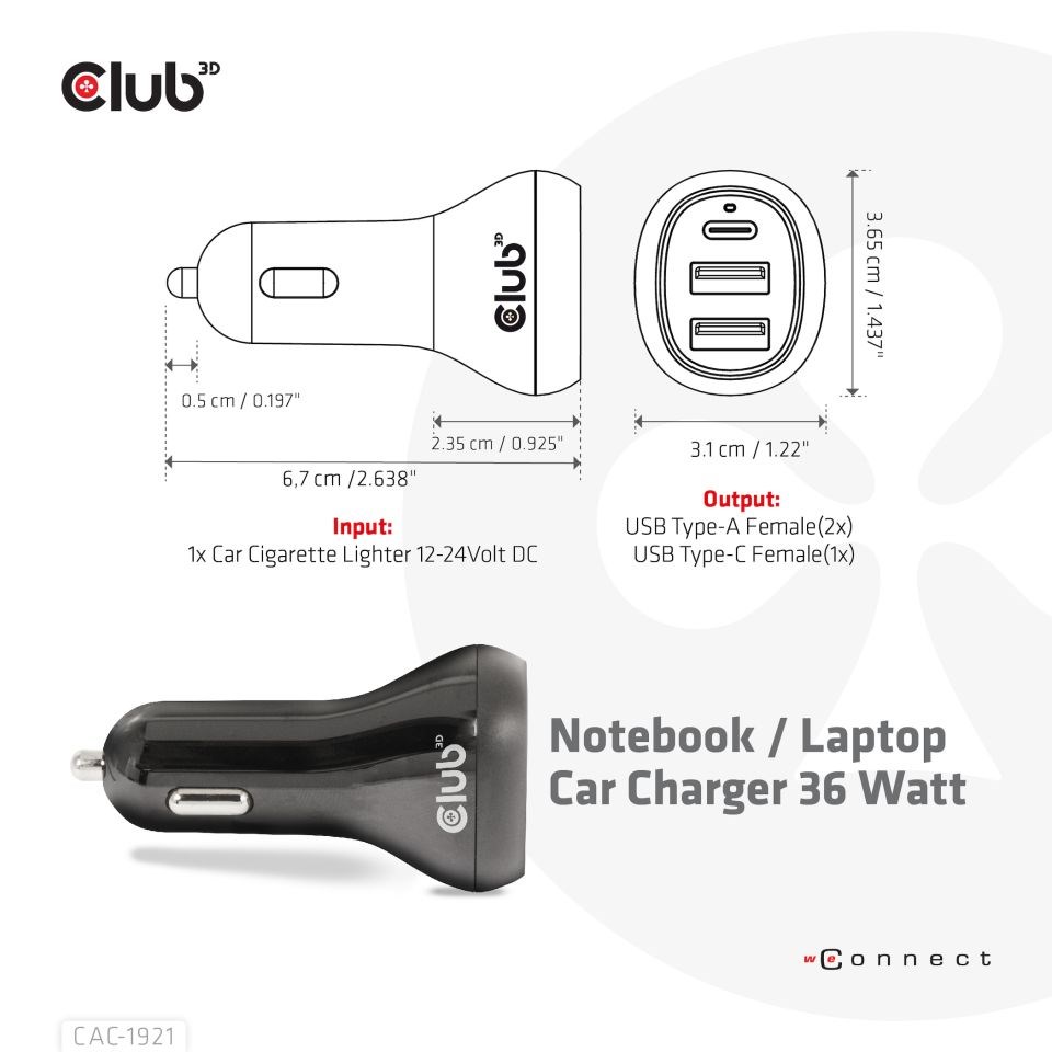 Club3D Auto nabíječka pro Notebooky 36W,  3 porty (2xUSB-A + USB-C)2 