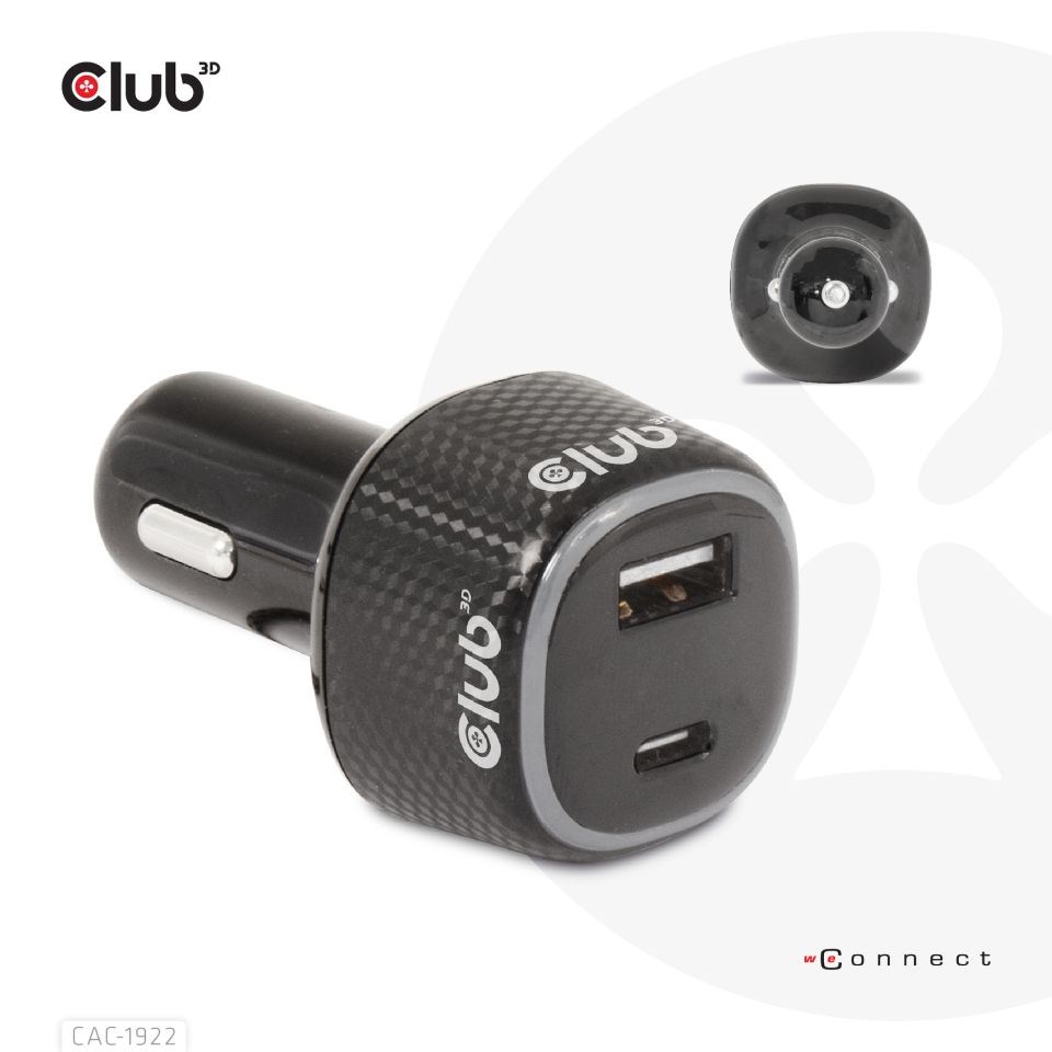 Club3D Auto nabíječka pro Notebooky 63W,  2 porty (USB-A + USB-C)4 