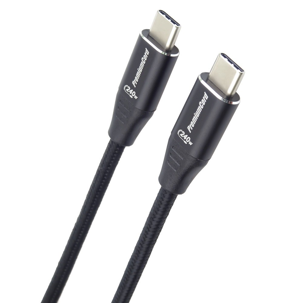 PREMIUMCORD Kabel USB-C M/ M,  240W 480Mbps černý bavlněný oplet,  0, 5m0 