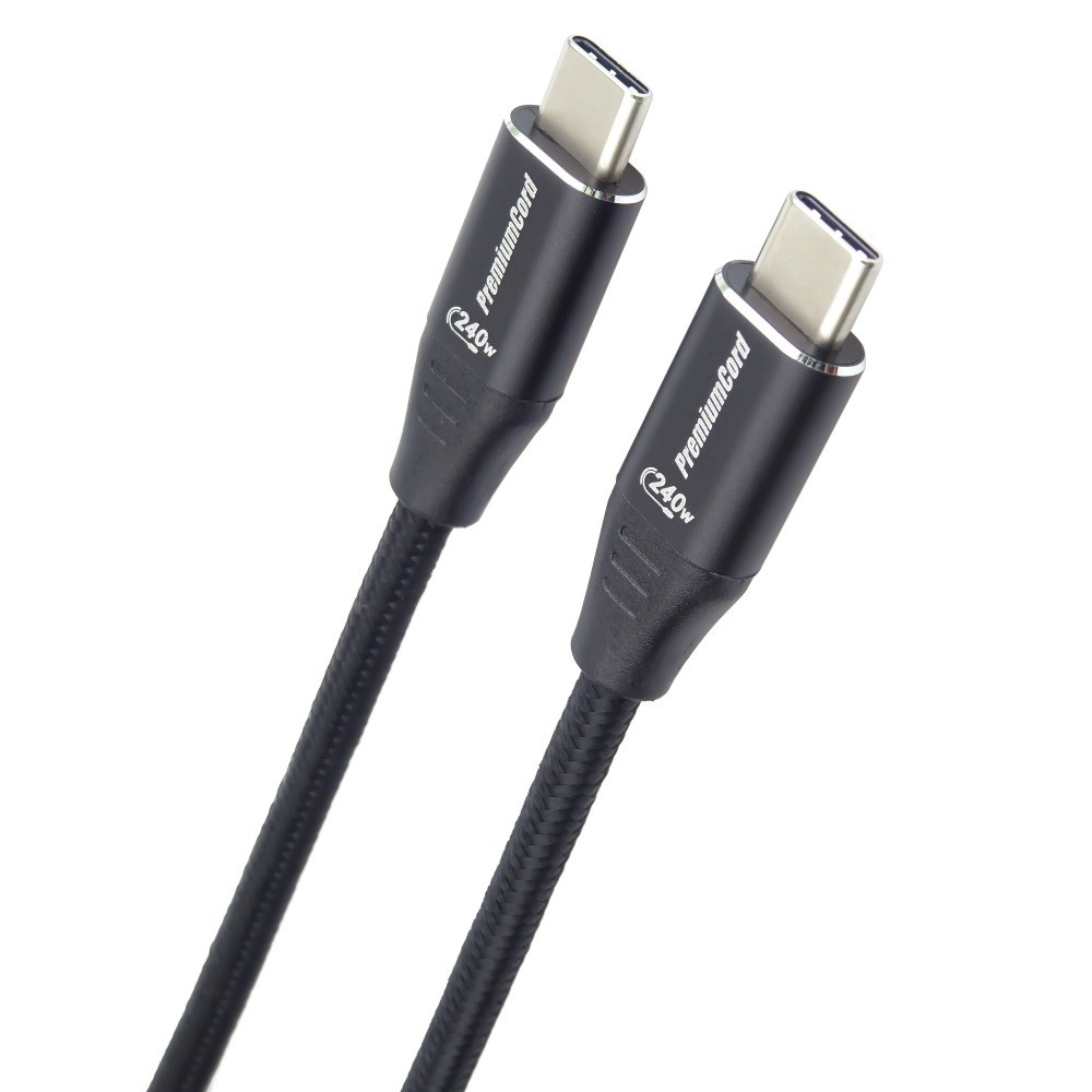 PREMIUMCORD Kabel USB-C M/M, 240W 480Mbps černý bavlněný oplet, 2m0 