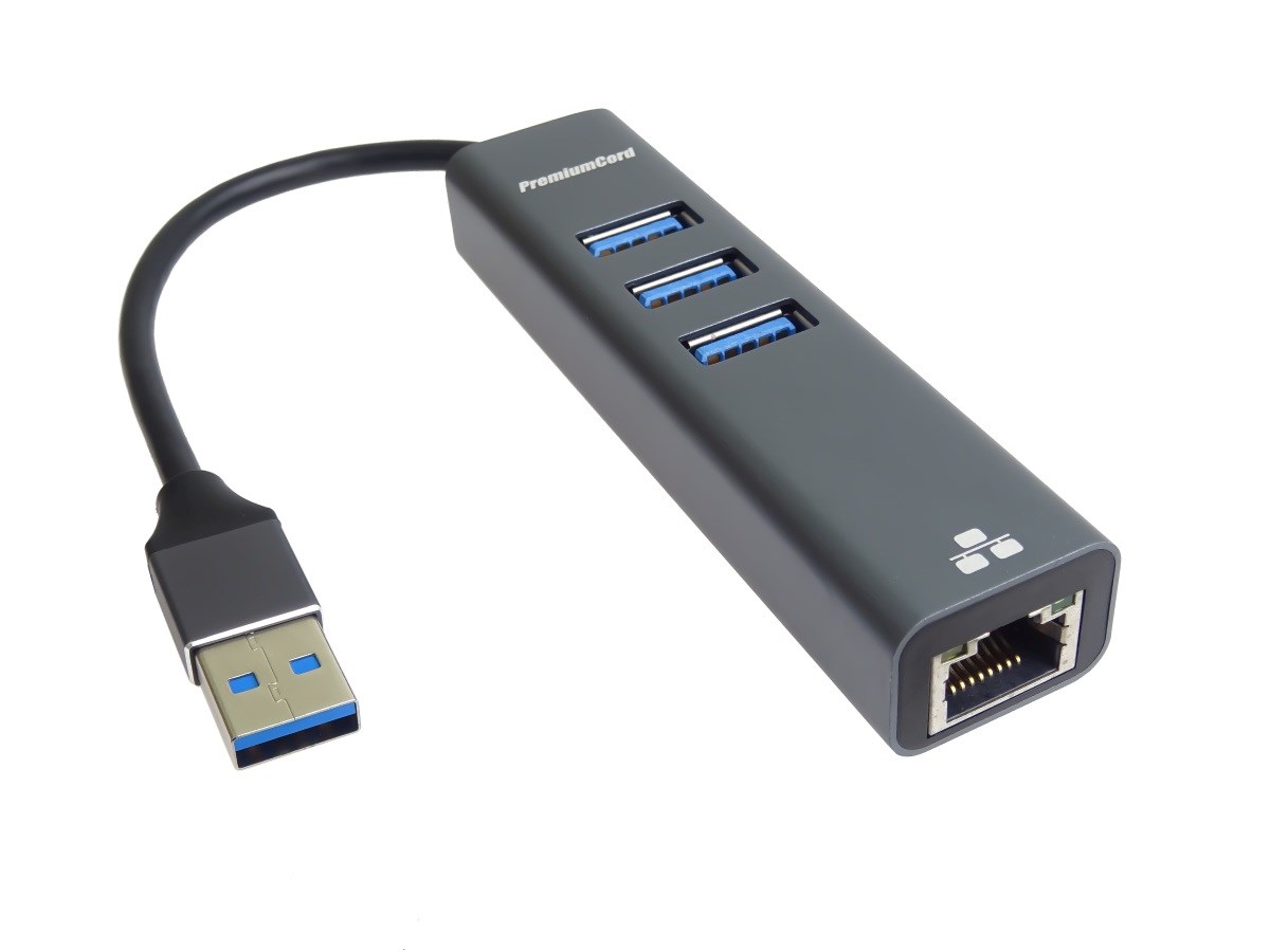 PREMIUMCORD Adaptér USB3.0 - LAN RJ45 ETHERNET 10/ 100/ 1000 MBIT + 3x USB3.0 port1 