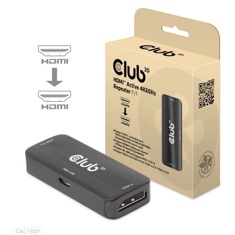 Club3D Adaptér aktivní HDMI 4K60Hz (F/ F),  černá1 