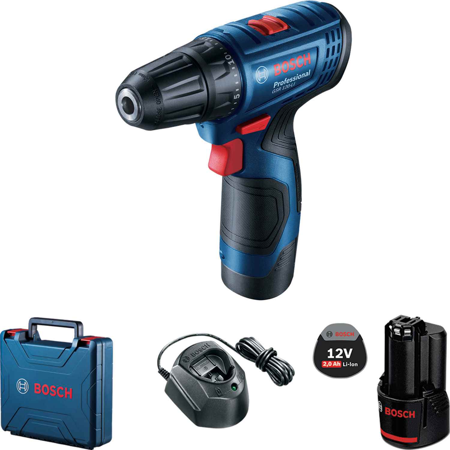 BOSCH GSR 120-LI,  akumulátorový vrtací šroubovák,  0 – 400 /  0 – 1.500 ot/ min,  8 mm,  2x akumulátor GBA 12V 2.0Ah0 