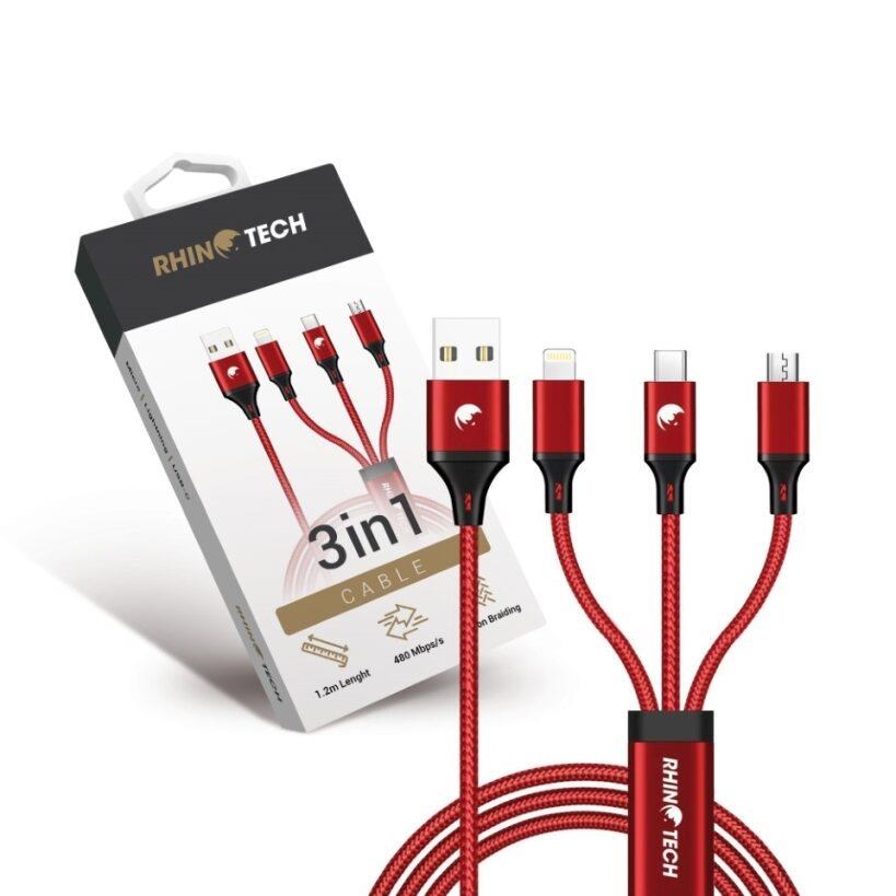 RhinoTech nabíjecí a datový kabel 3v1 USB-A (MicroUSB + Lightning + USB-C) 1,2m červená1 