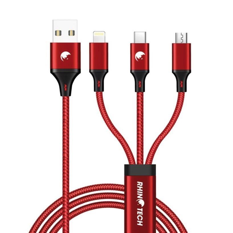RhinoTech nabíjecí a datový kabel 3v1 USB-A (MicroUSB + Lightning + USB-C) 1,2m červená2 