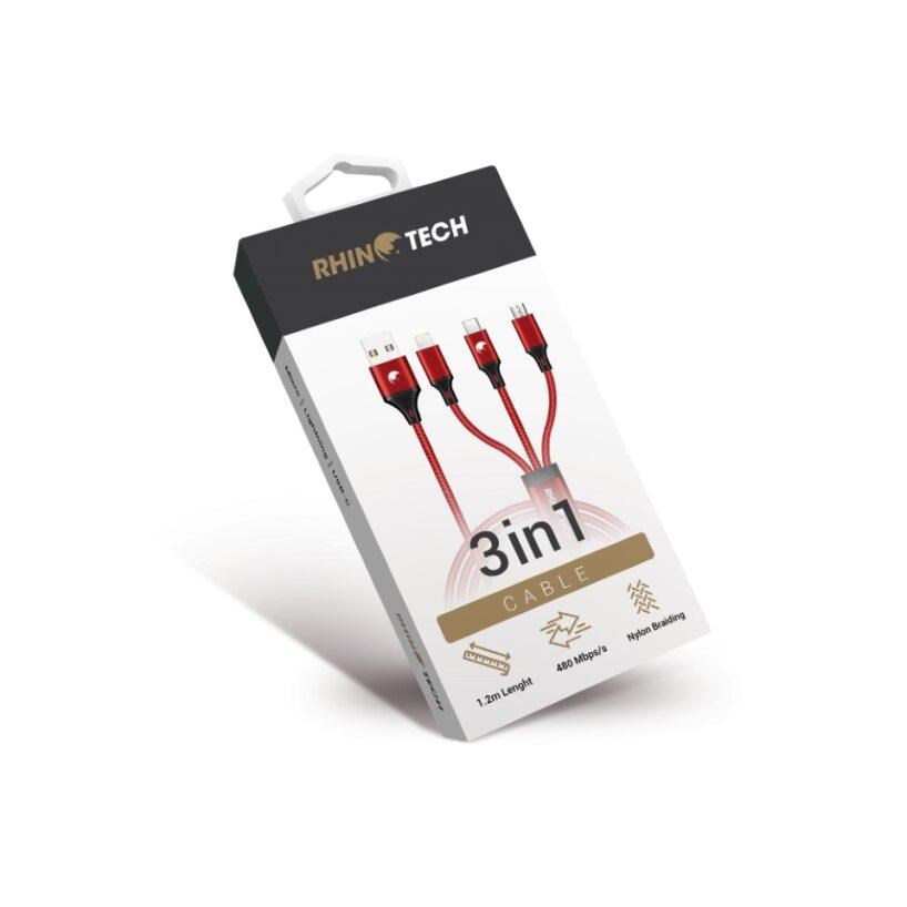 RhinoTech nabíjecí a datový kabel 3v1 USB-A (MicroUSB + Lightning + USB-C) 1,2m červená0 