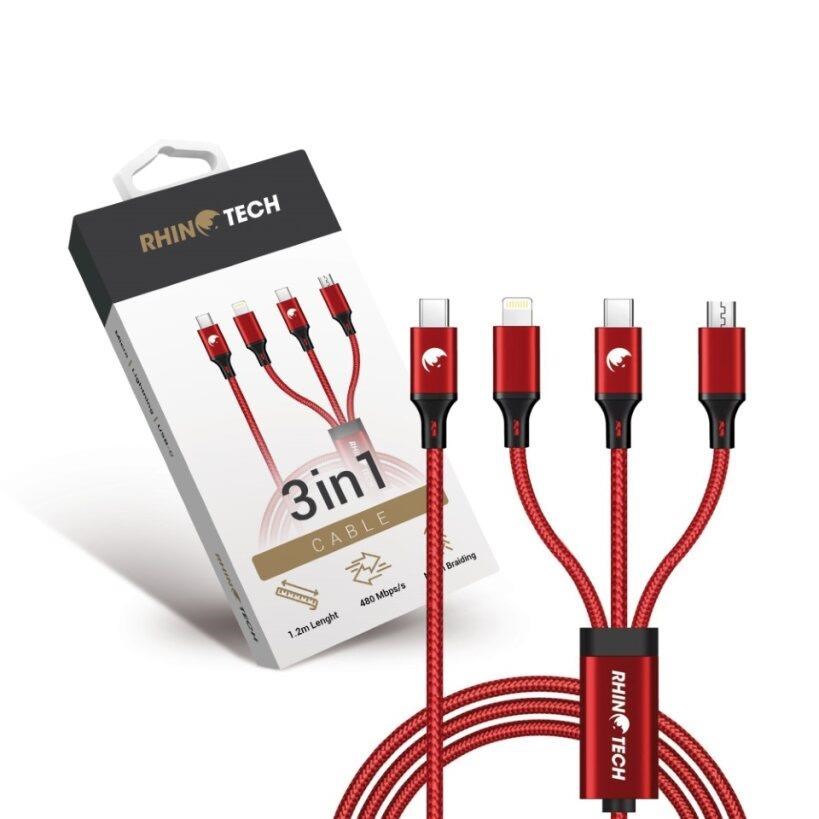 RhinoTech nabíjecí a datový kabel 3v1 USB-C (MicroUSB + Lightning + USB-C) 40W 1,2m červená2 