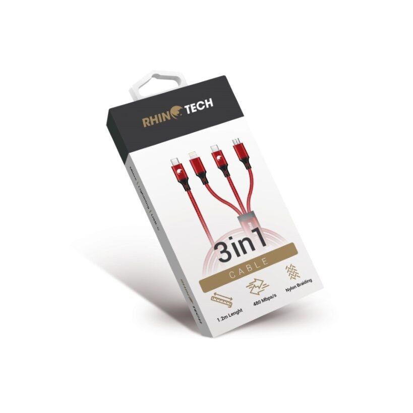 RhinoTech nabíjecí a datový kabel 3v1 USB-C (MicroUSB + Lightning + USB-C) 40W 1,2m červená1 