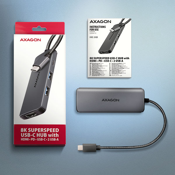 AXAGON HMC-5H8K,  USB 5Gbps hub,  2x USB-A,  USB-C,  HDMI 8k/ 30Hz,  PD 100W,  kábel USB-C 15cm6 