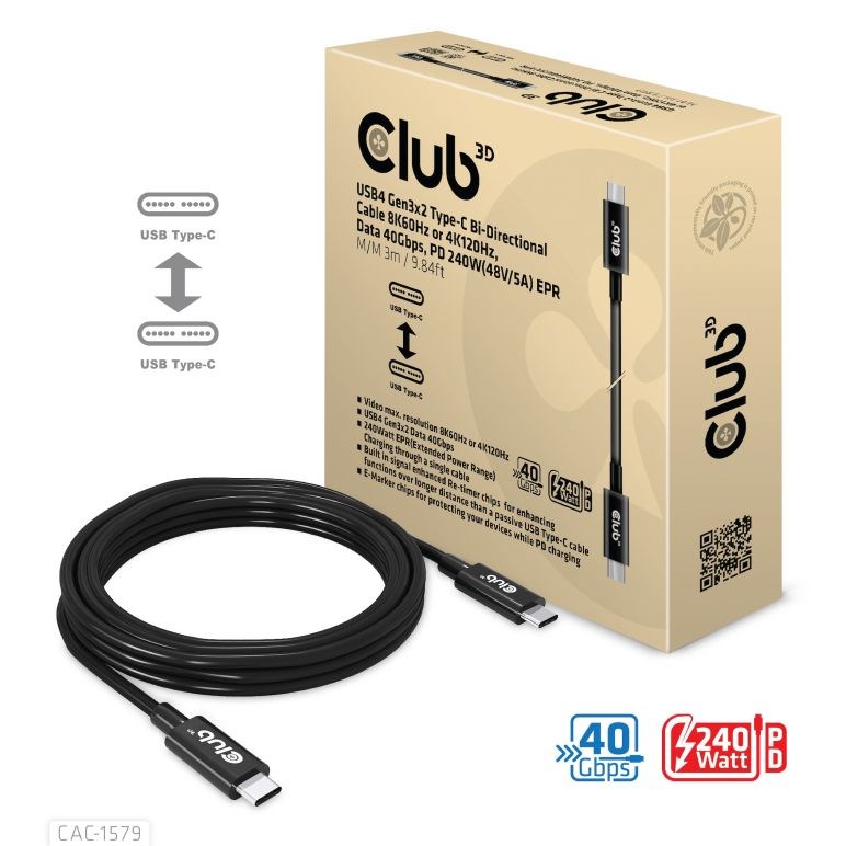 Club3D Kabel USB4 Gen3x2 Typ C 8K60Hz UHD, 40Gbps, Power Delivery 240W, (M/M), 300cm0 