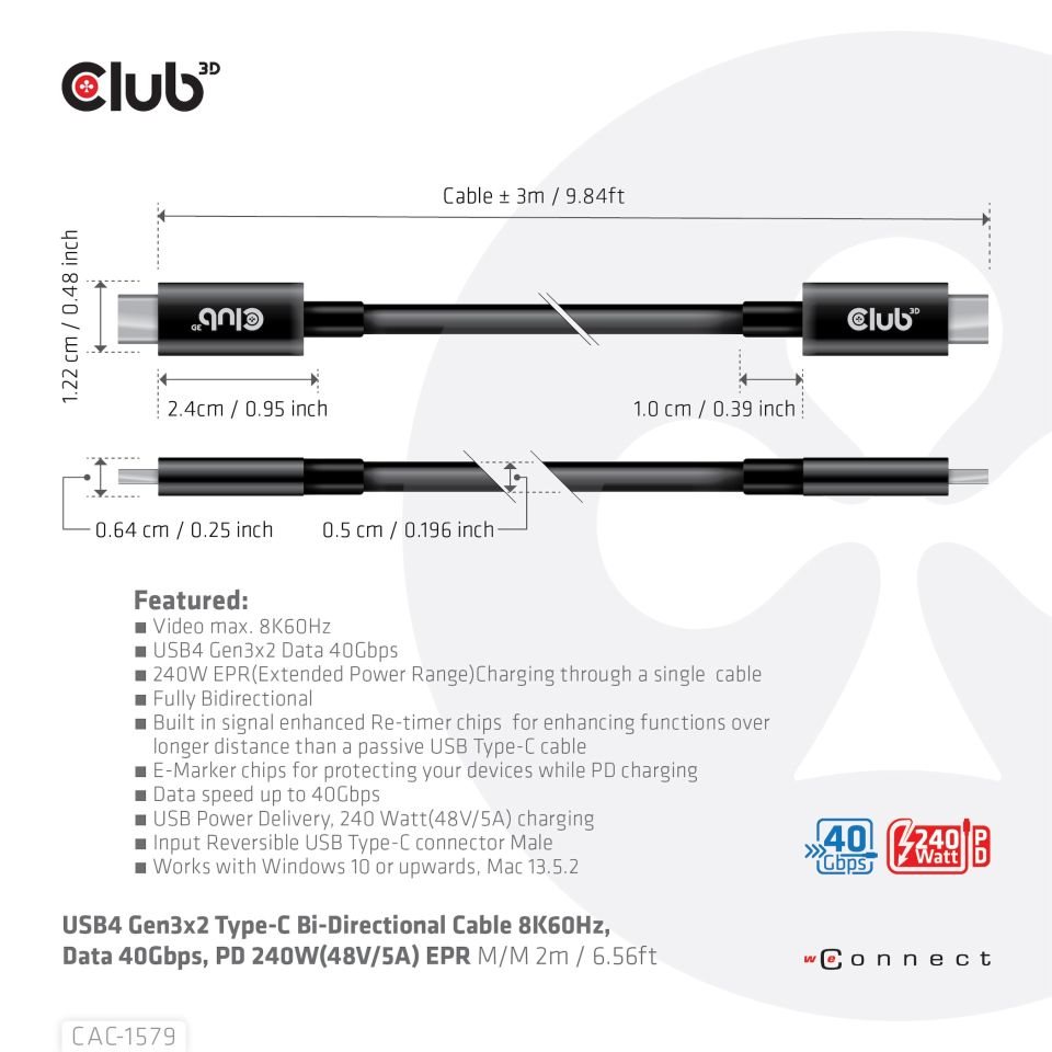 Club3D Kabel USB4 Gen3x2 Typ C 8K60Hz UHD Power Delivery 240W,  (M/ M),  300cm1 
