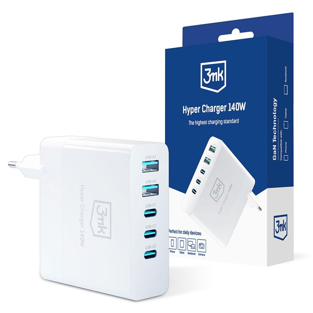 3mk síťová nabíječka - Hyper Charger 140W, GaN 3x USB-C (PD)  2x USB, bílá0 