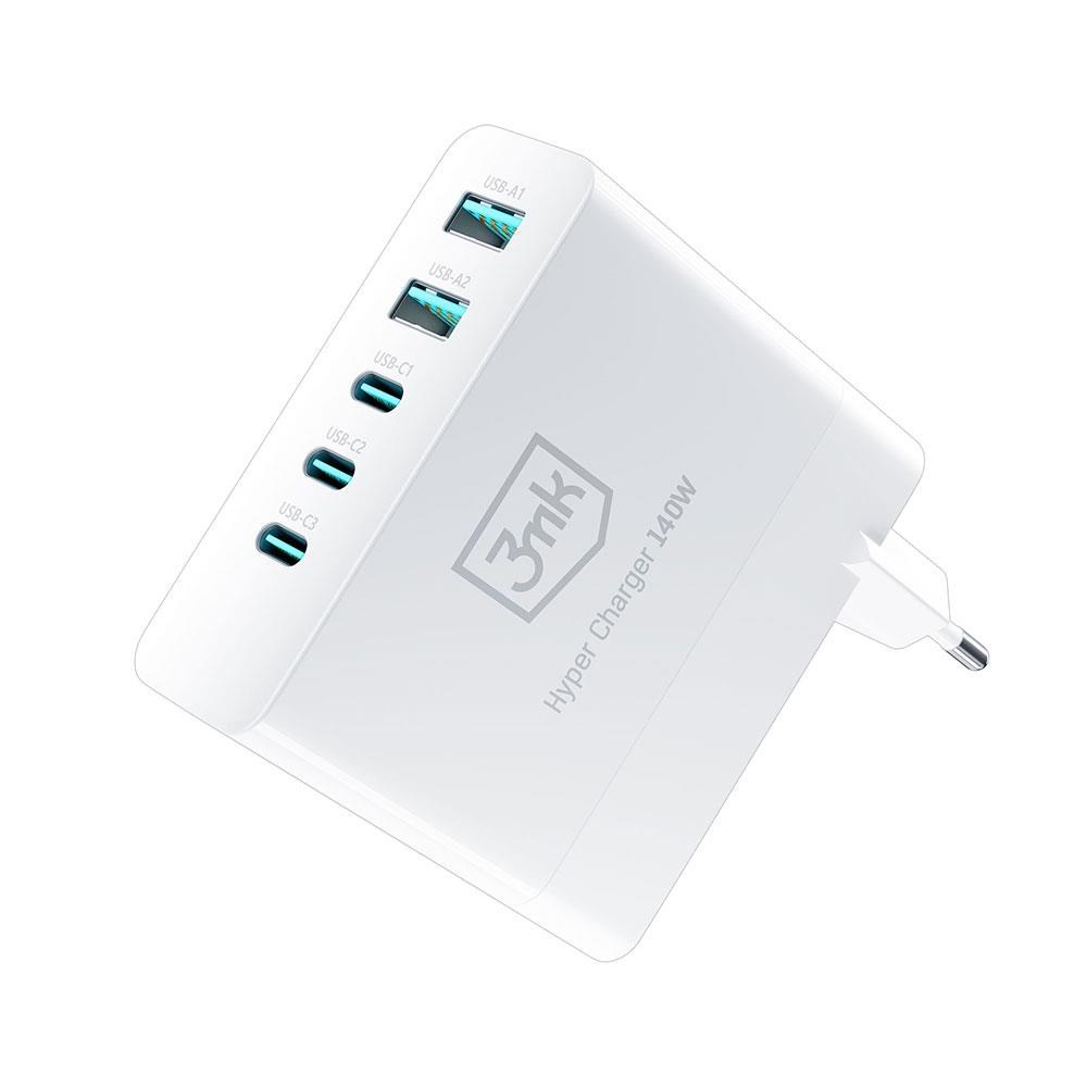 3mk síťová nabíječka - Hyper Charger 140W, GaN 3x USB-C (PD)  2x USB, bílá3 