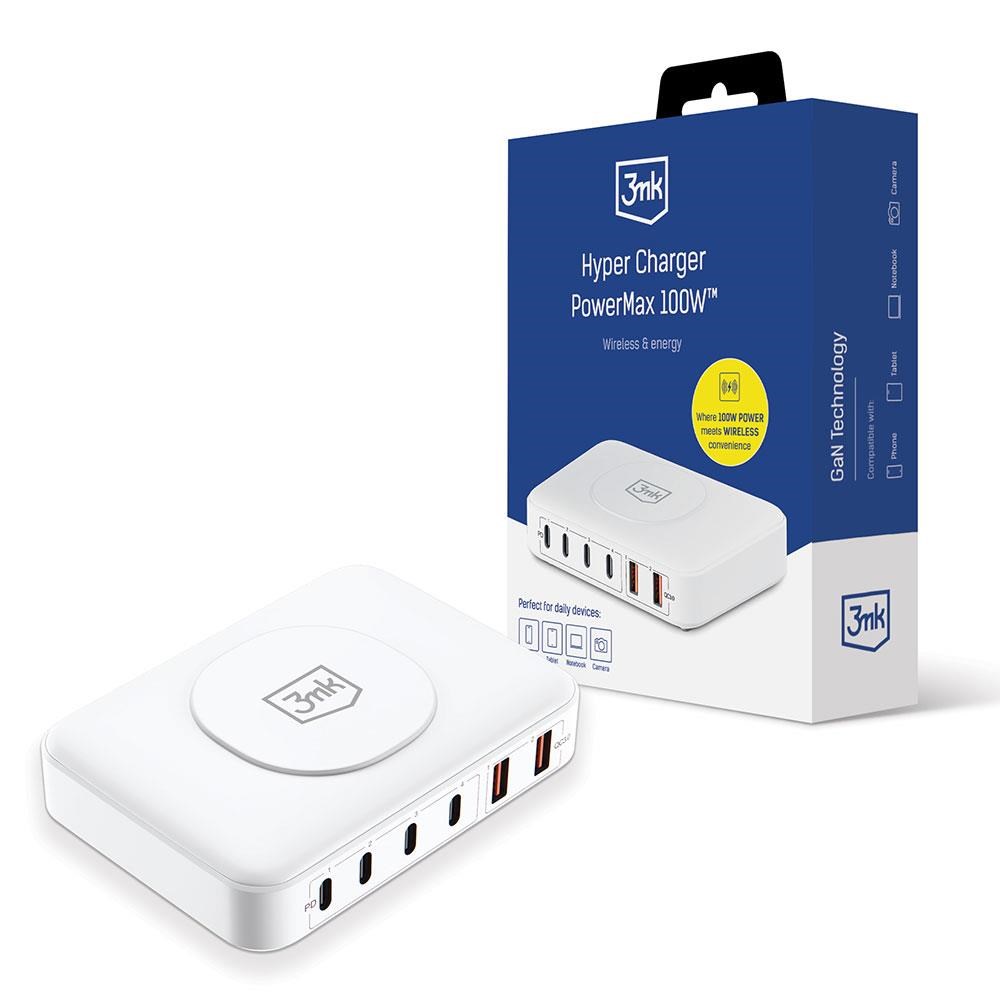 3mk síťová nabíječka - Hyper Charger PowerMax 100W,  GaN 4x USB-C (PD) /  2x USB,  bílá0 