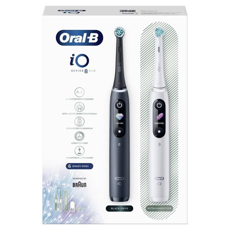 Oral-B iO8 Series Duo set zubních kartáčků, magnetický, displej, 6 režimů, tlakový senzor, 2 kusy, černá a bílá1 