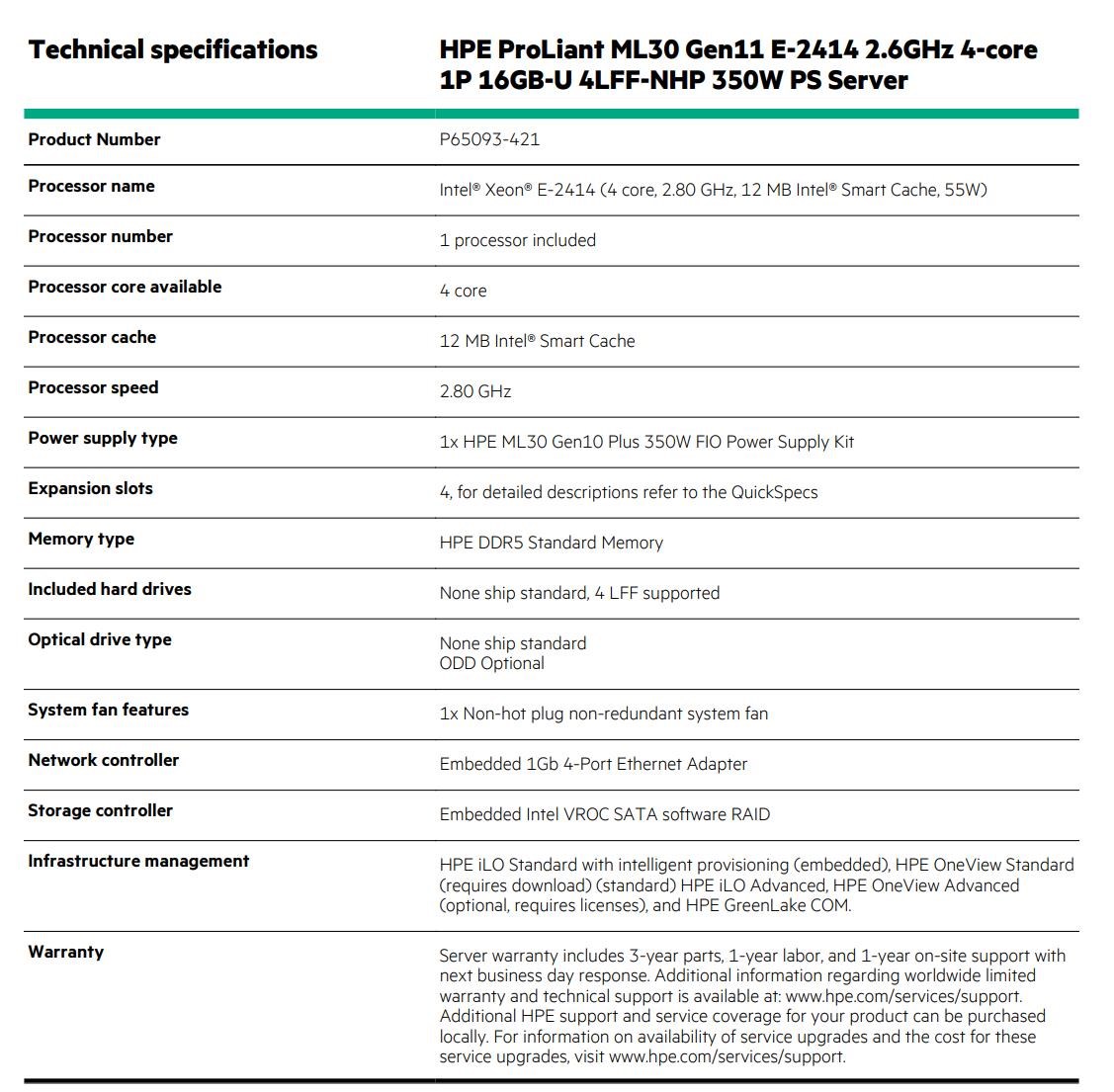 HPE PL ML30g11 E-2414 (2.8G/ 4C8T) 16G (P64336) 4LFF NHP VROC 350Wn NBD3115 