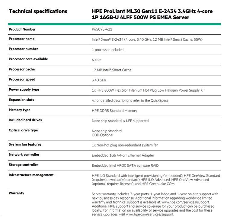 HPE PL ML30g11 E-2434 (3.4G/ 4C8T) 16G (P64336) 4LFF-HP VROC 800W NBD3115 